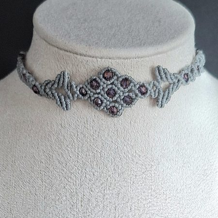 Silver Grey Macrame Choker Necklace with glass Crystals