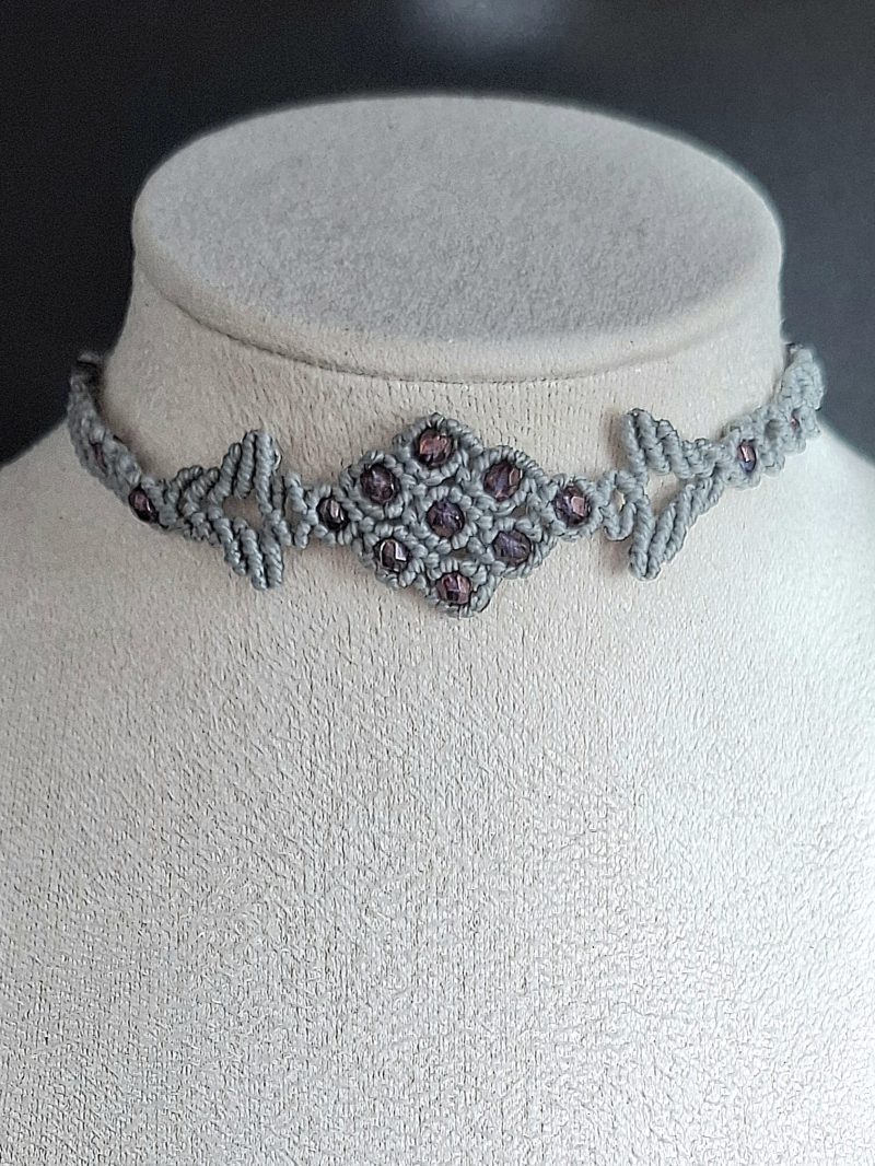 Silver Grey Macrame Choker Necklace with glass Crystals