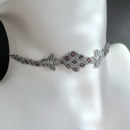 Silver Grey Macrame Choker Necklace with glass Crystals