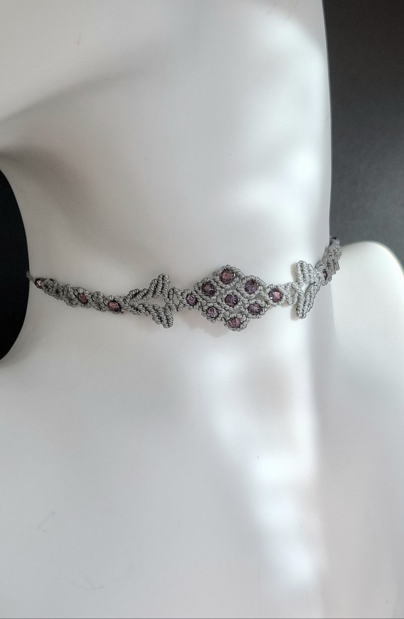 Silver Grey Macrame Choker Necklace with glass Crystals
