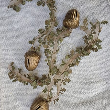 3 Gold Acorn Bells with Oak Leaf Ribbon Hangers