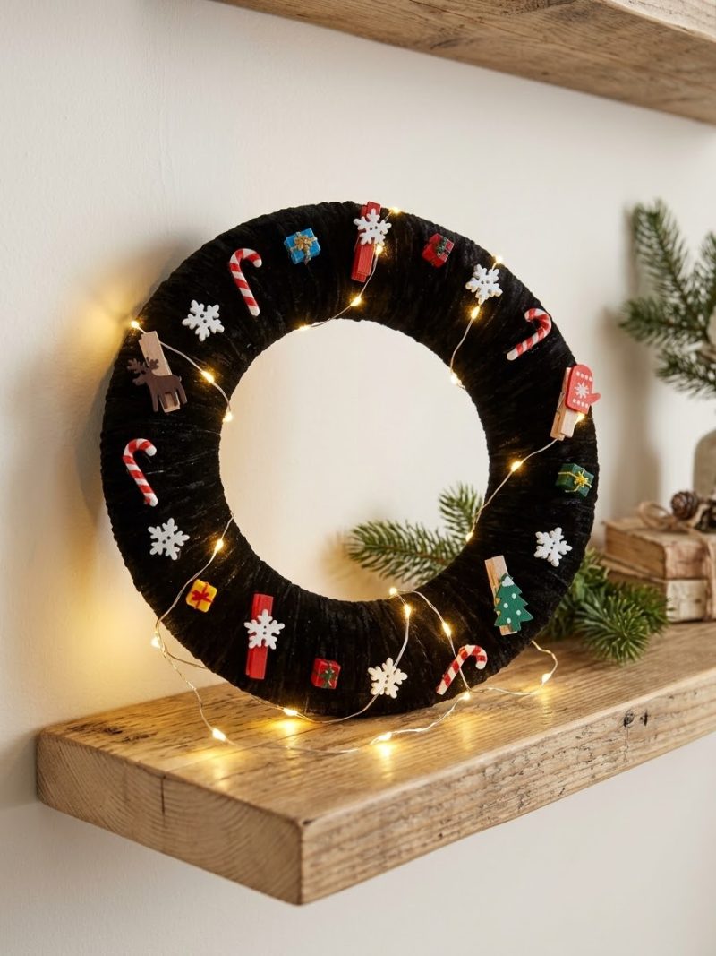 Black Yarn Wrapped Christmas Wreath 25cm Handmade Festive Decoration