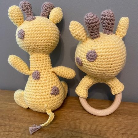 Handmade Crochet Yellow Giraffe & Rattle in Yellow & Taupe Cotton Yarn