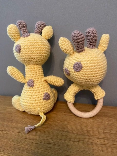 Handmade Crochet Yellow Giraffe & Rattle in Yellow & Taupe Cotton Yarn