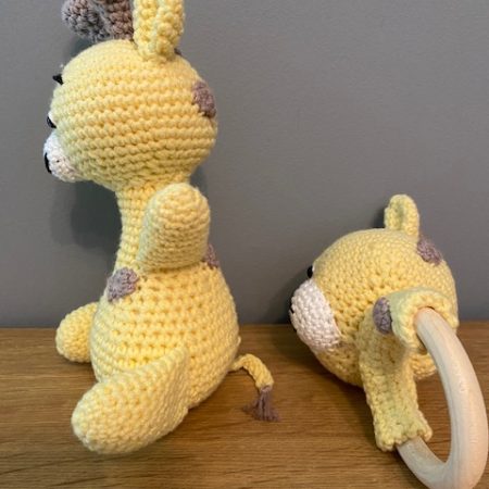 Handmade Crochet Yellow Giraffe & Rattle in Yellow & Taupe Cotton Yarn