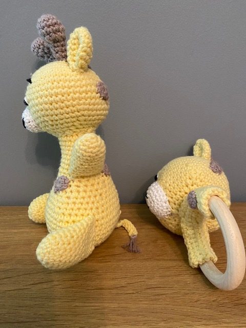 Handmade Crochet Yellow Giraffe & Rattle in Yellow & Taupe Cotton Yarn