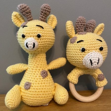 Handmade Crochet Yellow Giraffe & Rattle in Yellow & Taupe Cotton Yarn