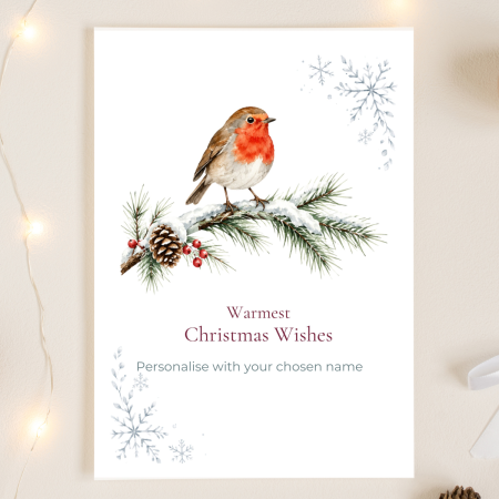 Christmas Card Robin on Pine Branch