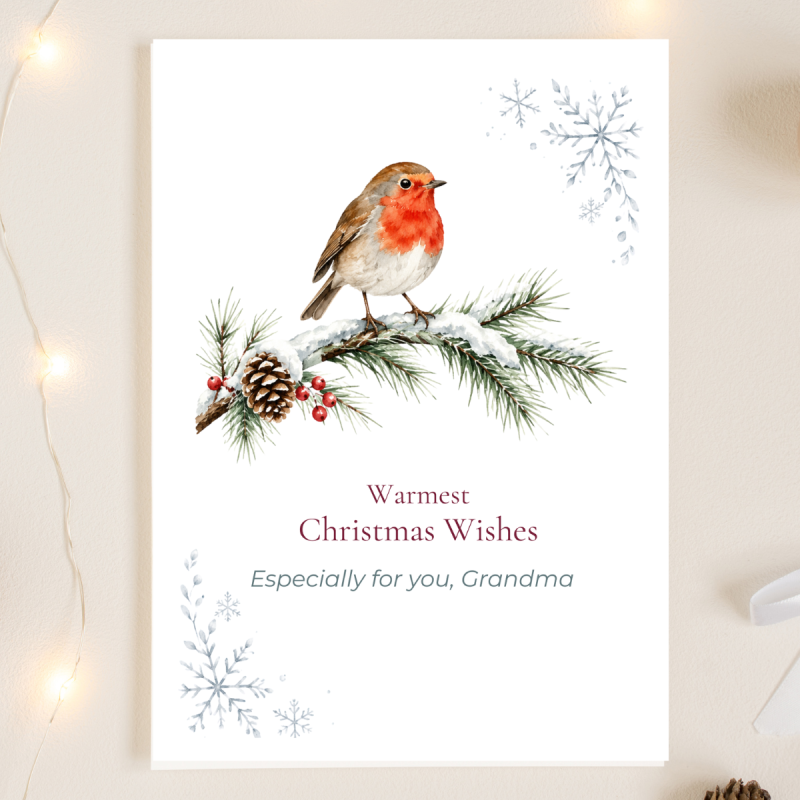 Christmas Card Robin on Pine Branch