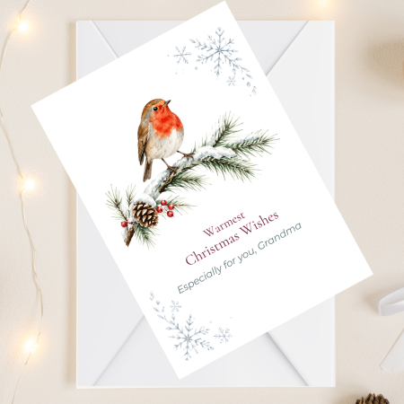 Christmas Card Robin on Pine Branch