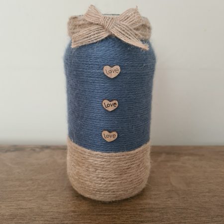 Upcycled Glass Jar Vase,Gunmetal Grey Yarn & Jute Twine Wrap