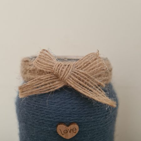 Upcycled Glass Jar Vase,Gunmetal Grey Yarn & Jute Twine Wrap