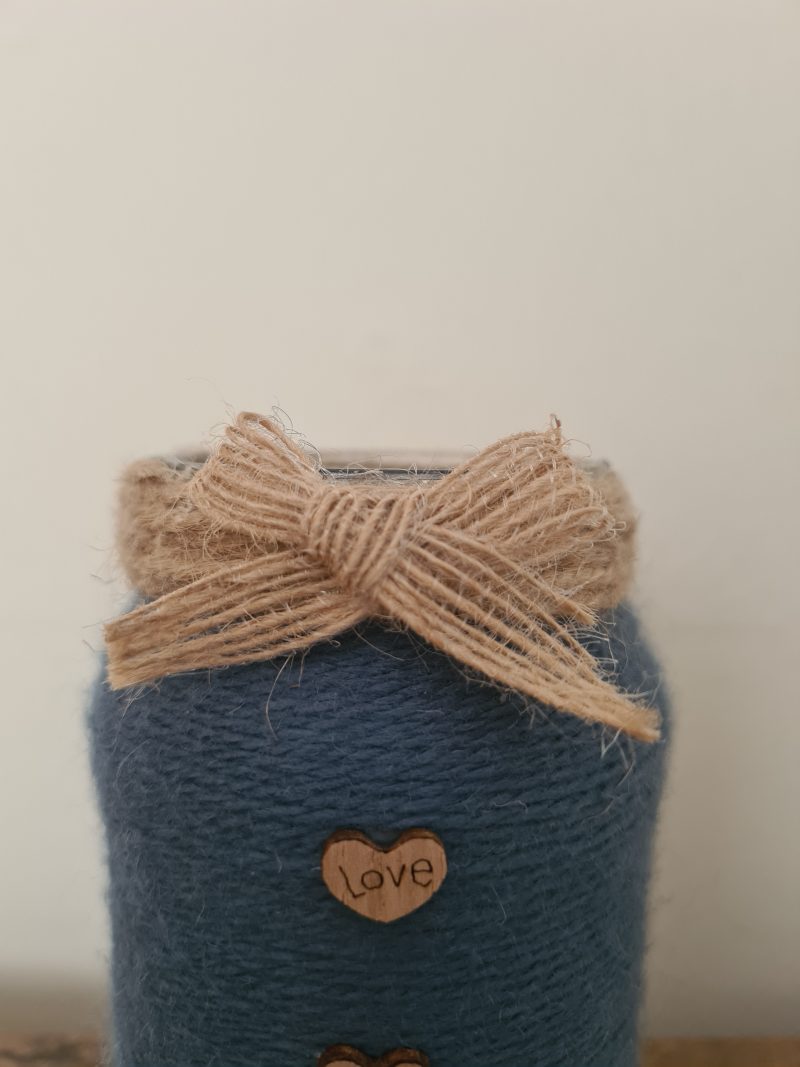 Upcycled Glass Jar Vase,Gunmetal Grey Yarn & Jute Twine Wrap