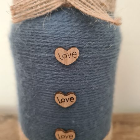 Upcycled Glass Jar Vase,Gunmetal Grey Yarn & Jute Twine Wrap
