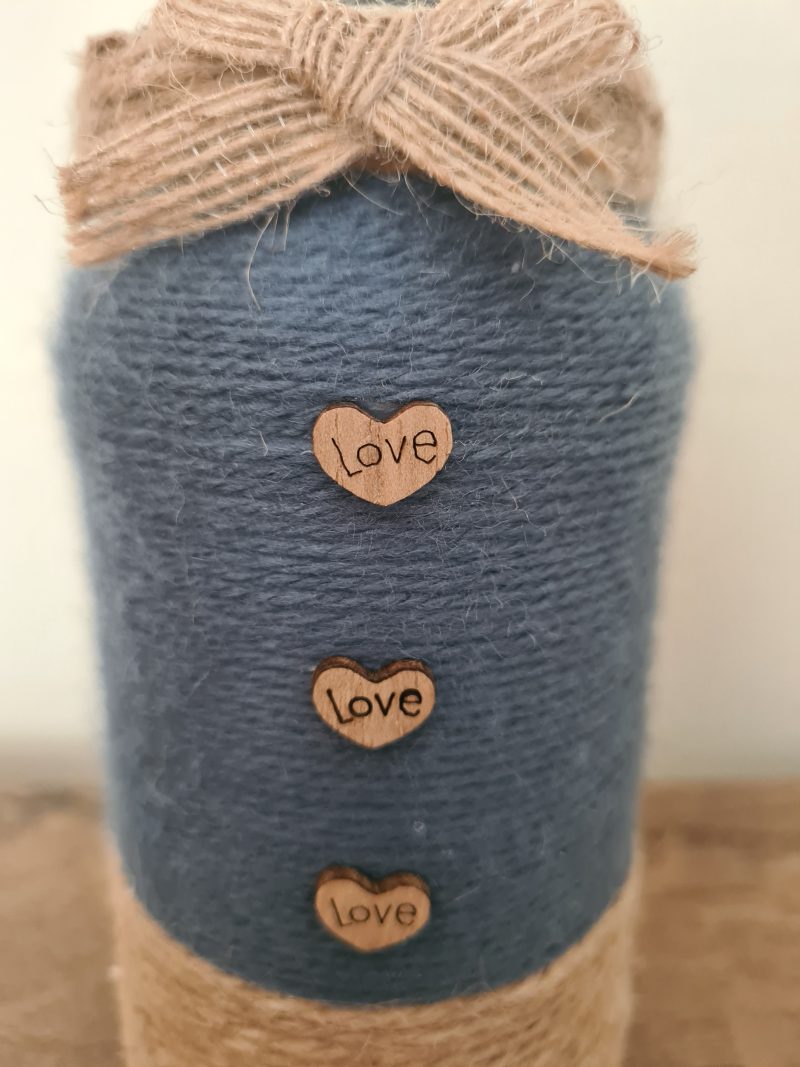 Upcycled Glass Jar Vase,Gunmetal Grey Yarn & Jute Twine Wrap