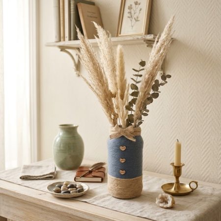 Upcycled Glass Jar Vase,Gunmetal Grey Yarn & Jute Twine Wrap