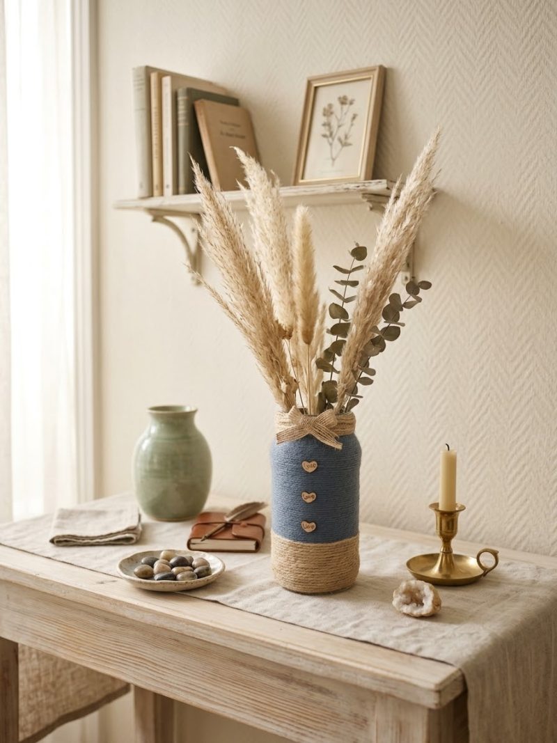Upcycled Glass Jar Vase,Gunmetal Grey Yarn & Jute Twine Wrap