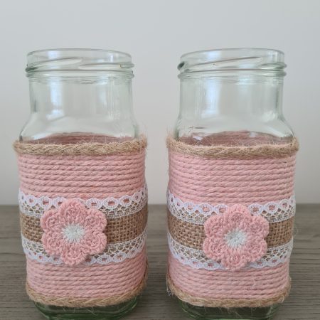 Pair Of Upcycled Glass Jars-Pink Rope Wrap/Jute Lace & Crochet Flower