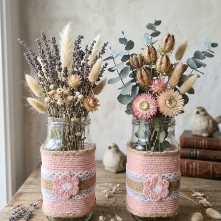 Pair Of Upcycled Glass Jars-Pink Rope Wrap/Jute Lace & Crochet Flower