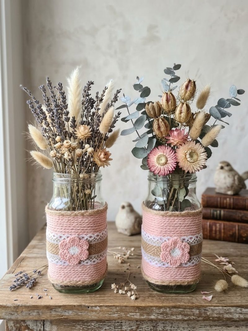 Pair Of Upcycled Glass Jars-Pink Rope Wrap/Jute Lace & Crochet Flower