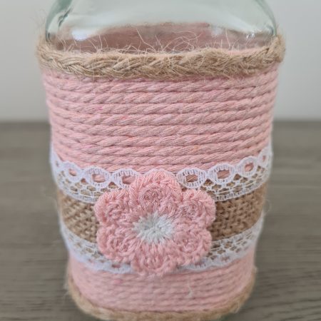 Pair Of Upcycled Glass Jars-Pink Rope Wrap/Jute Lace & Crochet Flower