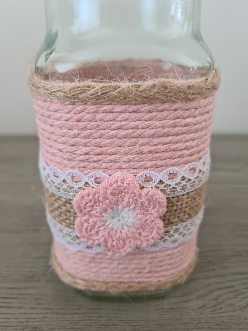 Pair Of Upcycled Glass Jars-Pink Rope Wrap/Jute Lace & Crochet Flower