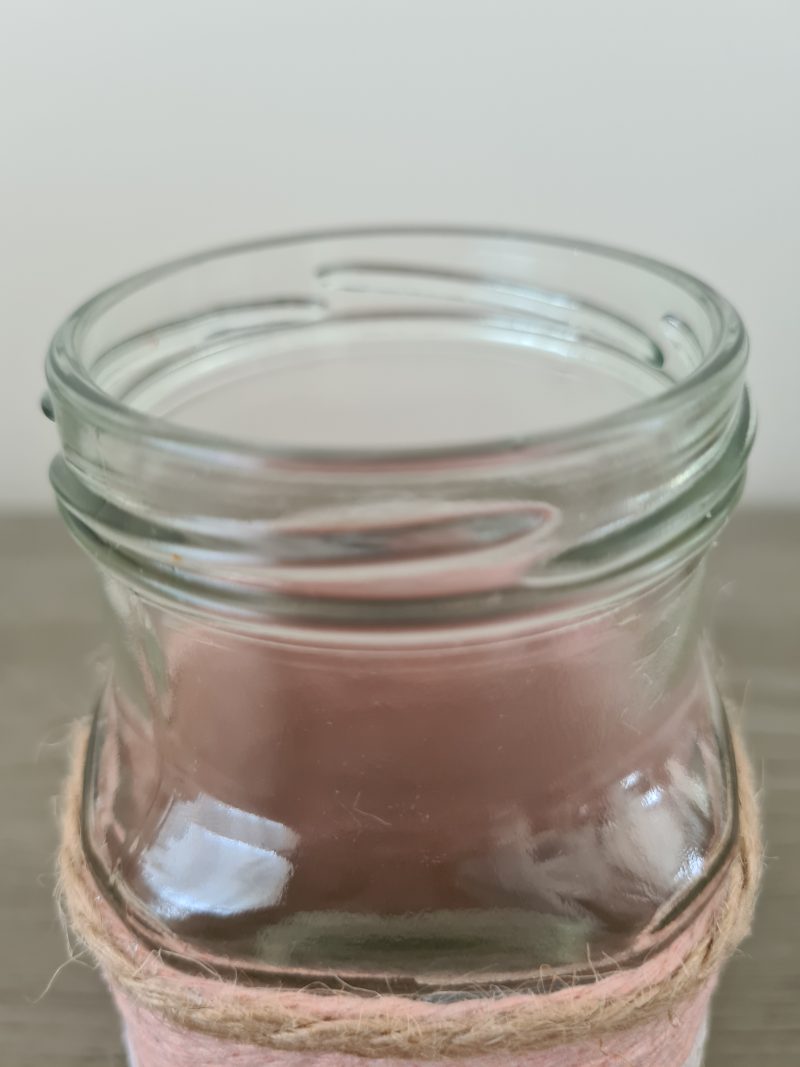 Pair Of Upcycled Glass Jars-Pink Rope Wrap/Jute Lace & Crochet Flower