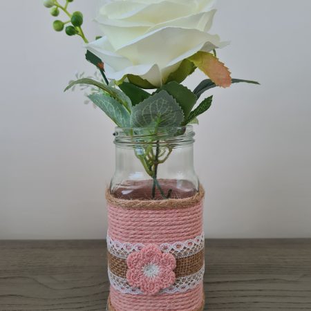Pair Of Upcycled Glass Jars-Pink Rope Wrap/Jute Lace & Crochet Flower