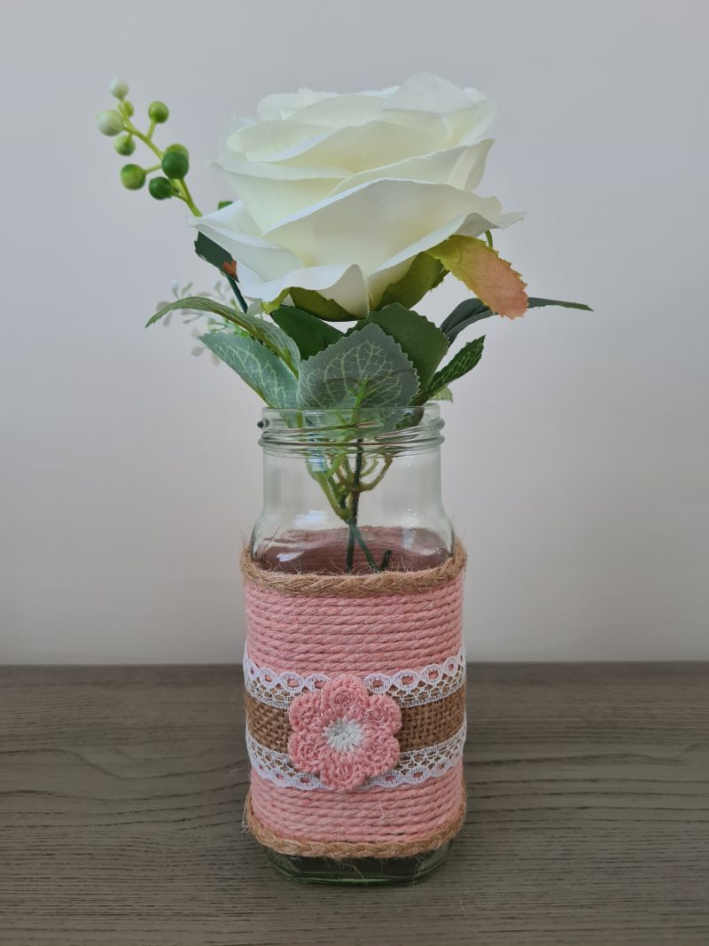 Pair Of Upcycled Glass Jars-Pink Rope Wrap/Jute Lace & Crochet Flower