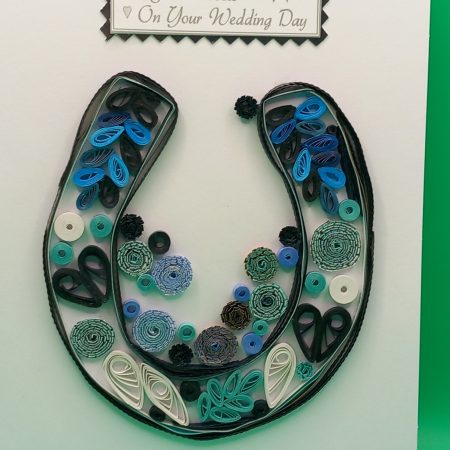 Wedding Congratulations Card. Handmade quilled horseshoe design.