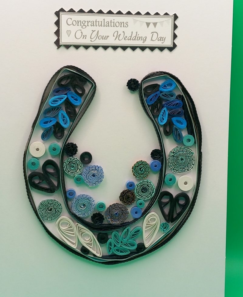 Wedding Congratulations Card. Handmade quilled horseshoe design.