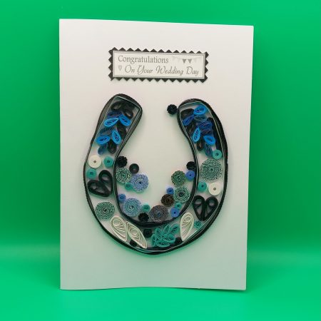 Wedding Congratulations Card. Handmade quilled horseshoe design.