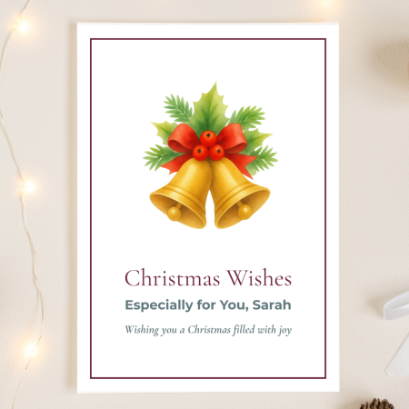 Personalised Christmas Card, Traditional Bells with Holly