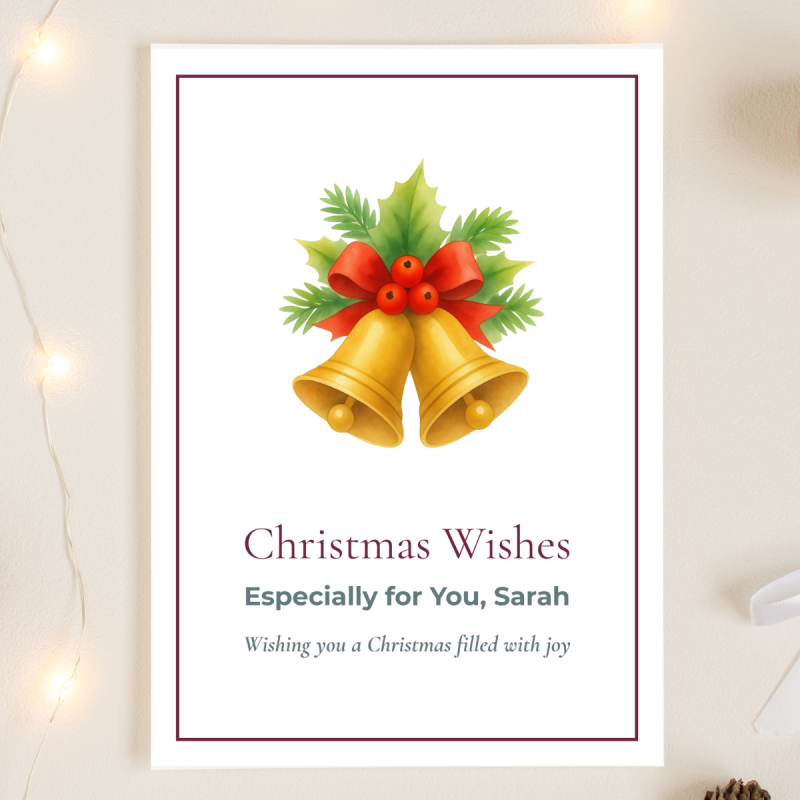 Personalised Christmas Card, Traditional Bells with Holly