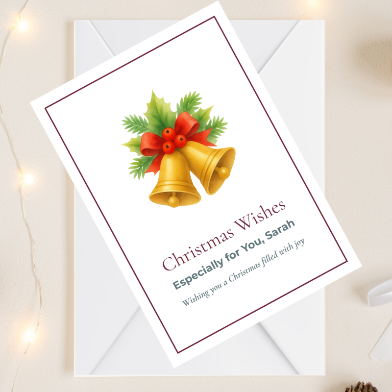 Personalised Christmas Card, Traditional Bells with Holly