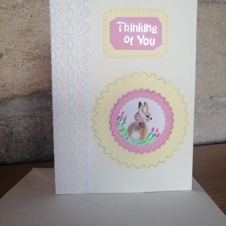 "Thinking of you" handmade card with water colour hare