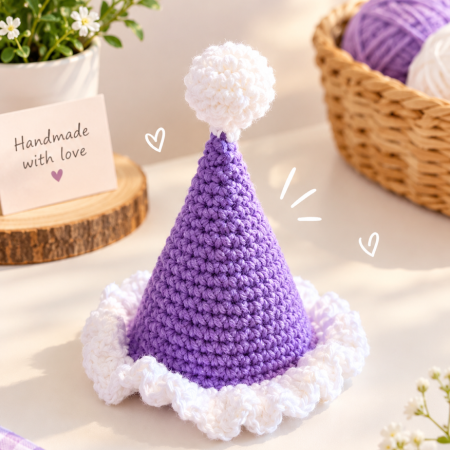 Handmade Crochet Birthday Party Hat- Purple with White Pom-Pom