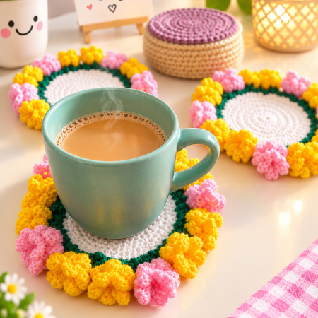 Handmade Crochet Cup Flower Coasters with Pot- Set of 3