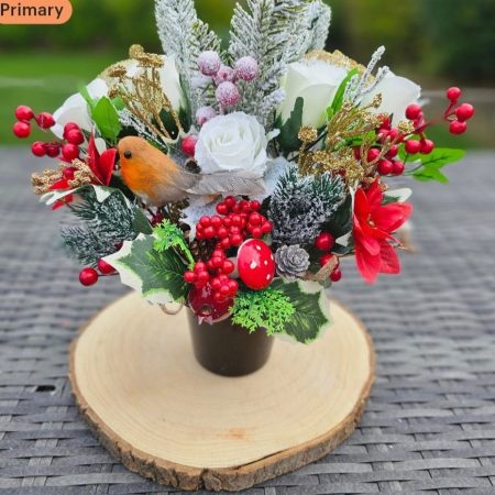Poinsettia and Robin Christmas Grave Pot Memorial Winter Cemetery Pot