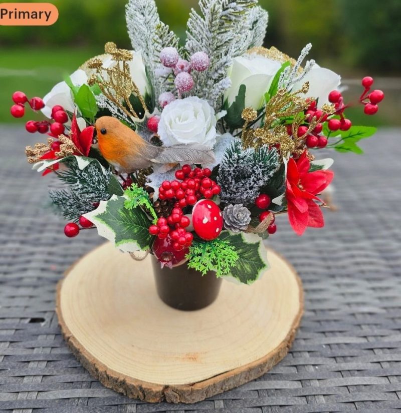 Poinsettia and Robin Christmas Grave Pot Memorial Winter Cemetery Pot