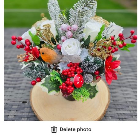 Poinsettia and Robin Christmas Grave Pot Memorial Winter Cemetery Pot
