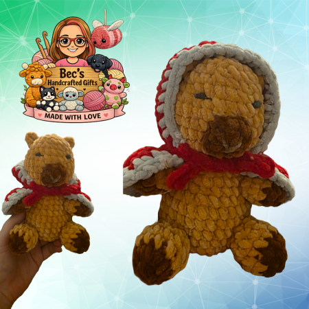 Hand-Crocheted Christmas Capybara Plushie with red cape. UKCA tested