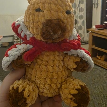 Hand-Crocheted Christmas Capybara Plushie with red cape. UKCA tested