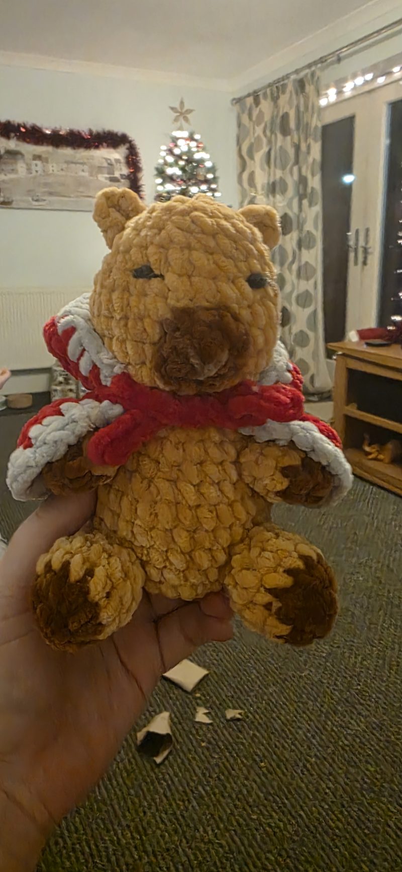 Hand-Crocheted Christmas Capybara Plushie with red cape. UKCA tested