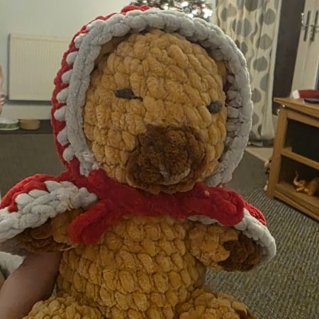 Hand-Crocheted Christmas Capybara Plushie with red cape. UKCA tested