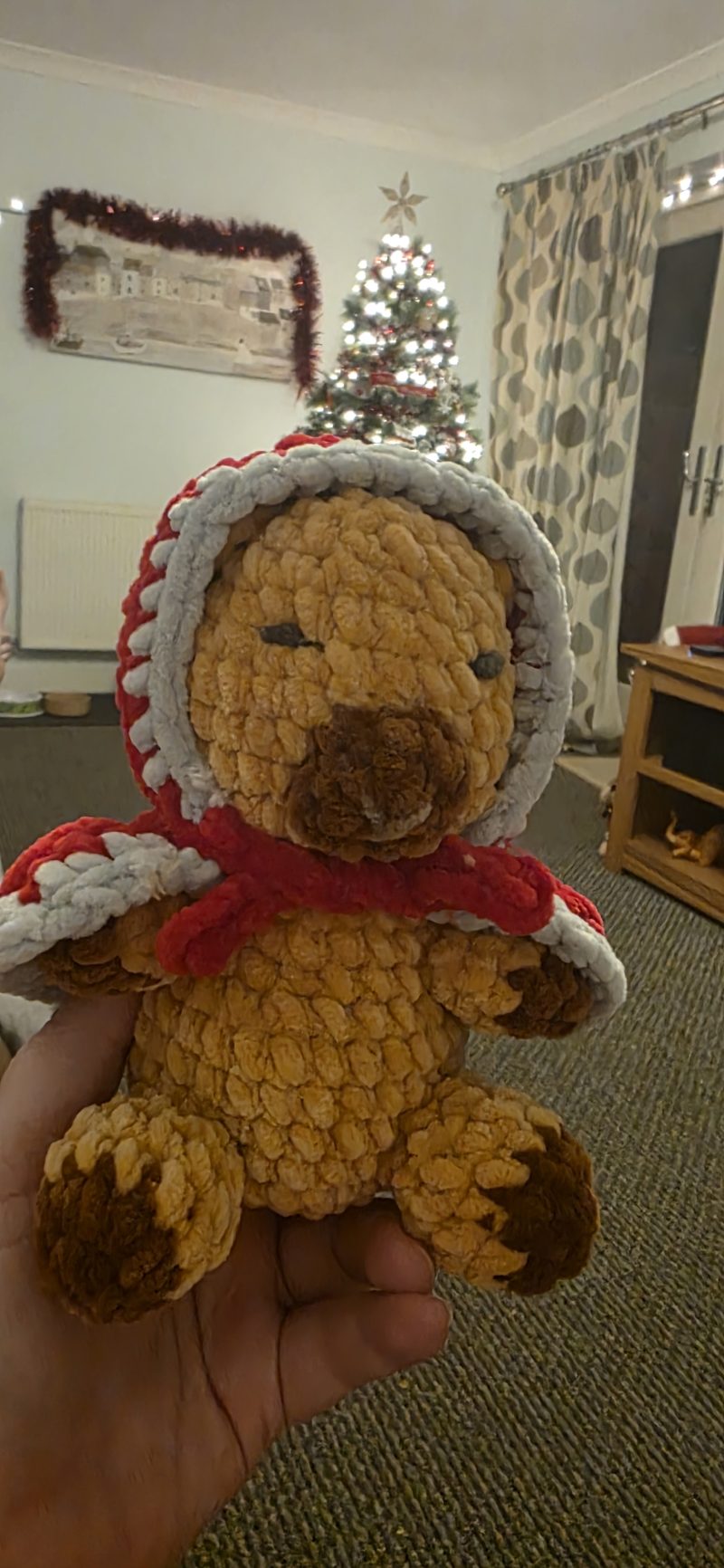 Hand-Crocheted Christmas Capybara Plushie with red cape. UKCA tested