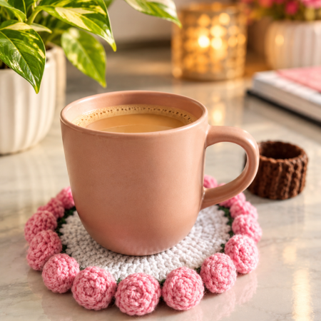 Handmade Crochet Rose Coaster with Pot