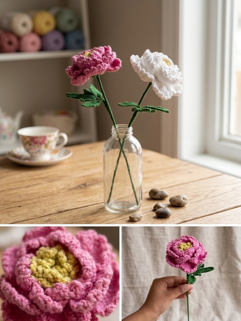 Handmade Crochet Peony Flowers - Set of 2
