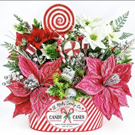 Christmas Pink Candy Cane Poinsettia Display in Striped Planter