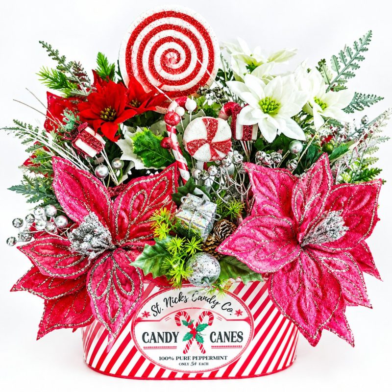 Christmas Pink Candy Cane Poinsettia Display in Striped Planter